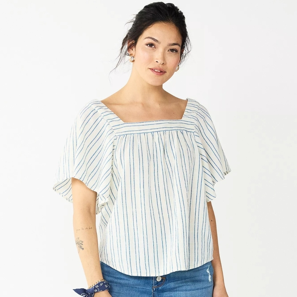 Sonoma Blue and White Blouse with Square Neck and Flutter Sleeves